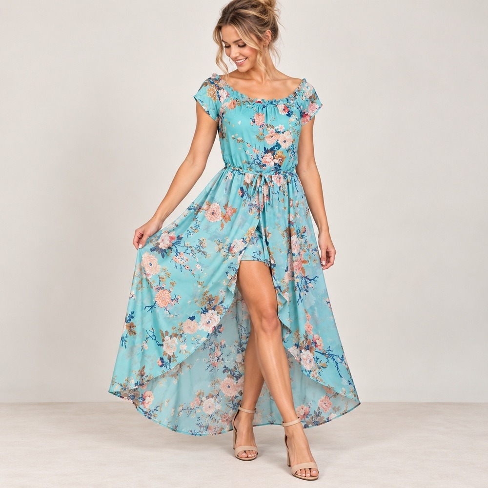 Bebop Romper Maxi Dress Juniors L Blue Floral Boho Romantic Soft Girl Coquette